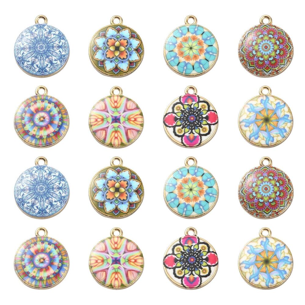 8397 40 Pcs 8 Styles Printed Flat Round Flower Charms Mixed Color Floral